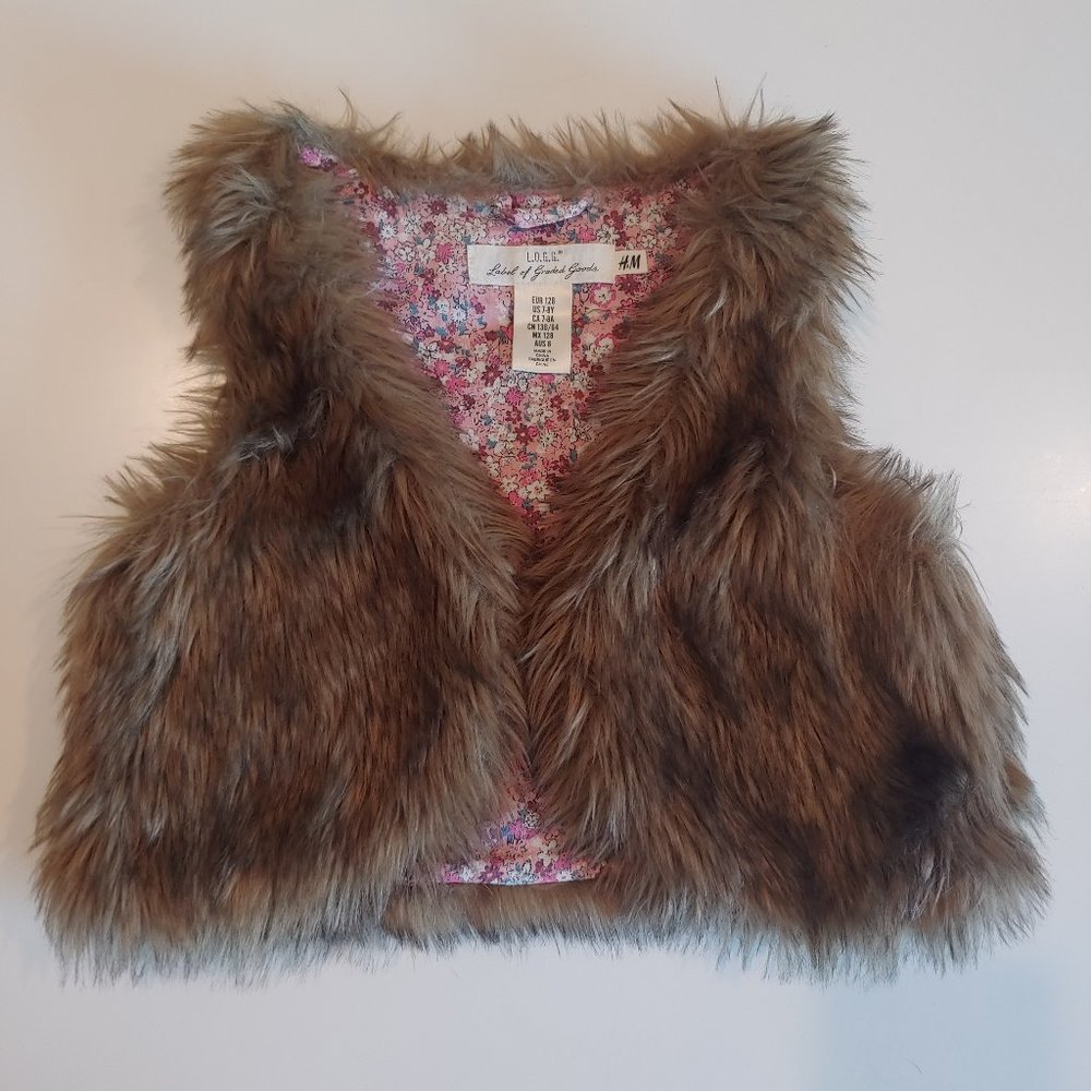 H & M | Brown Faux Fur Short Open Vest Floral Lining | 7-8yr